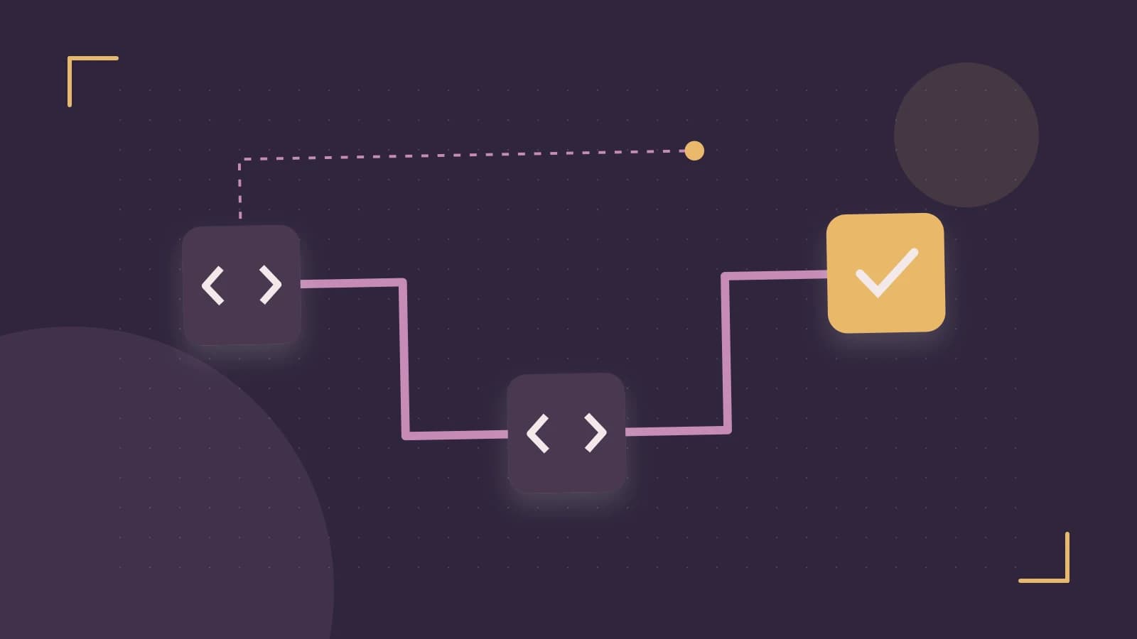 Editorial illustration of a branching build pipeline, staged transformations and a completed check