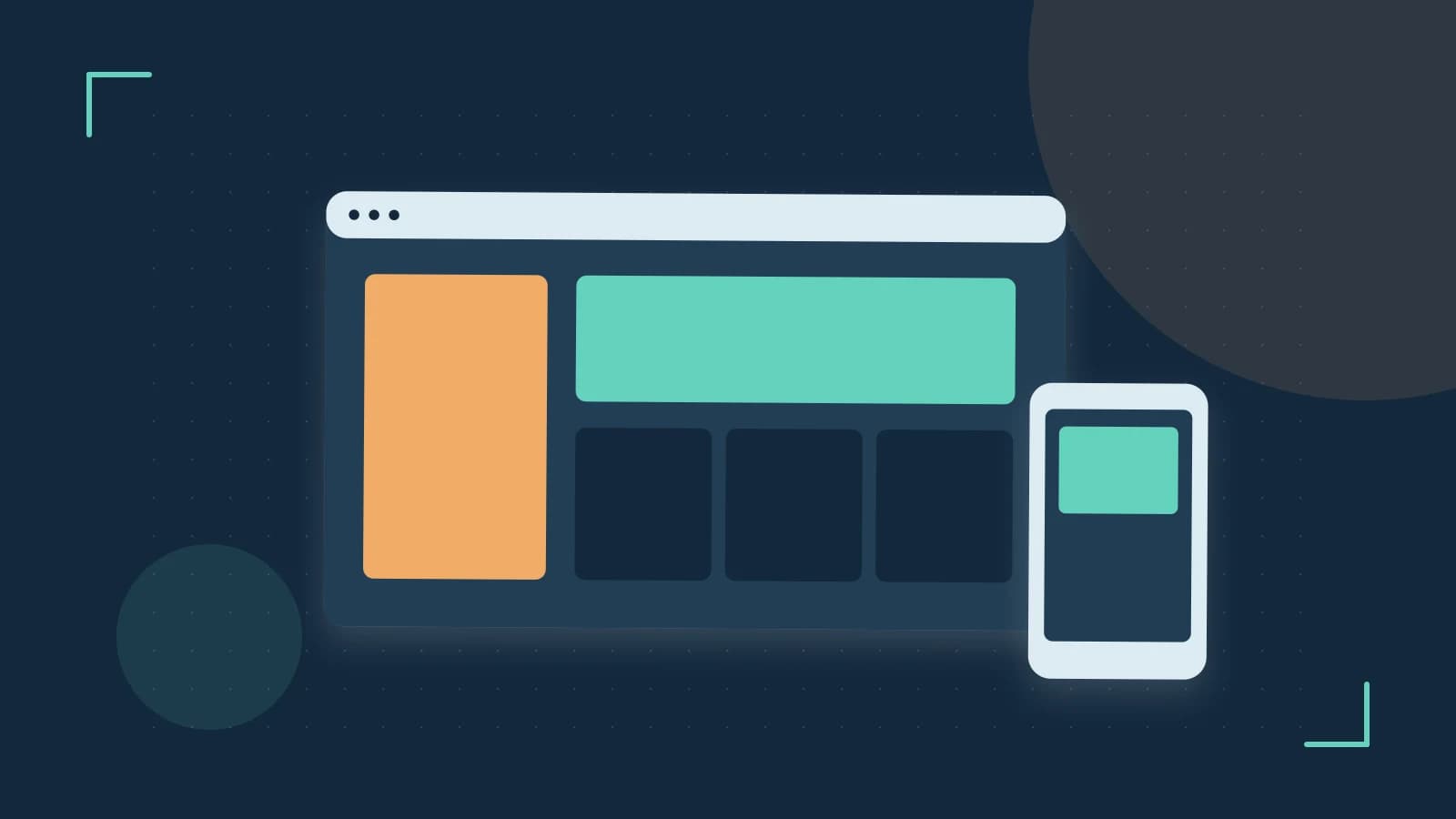 Editorial illustration of responsive browser layouts, overlapping design components and a color system