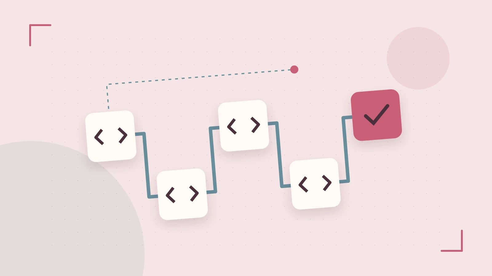 Editorial illustration of a branching build pipeline, staged transformations and a completed check