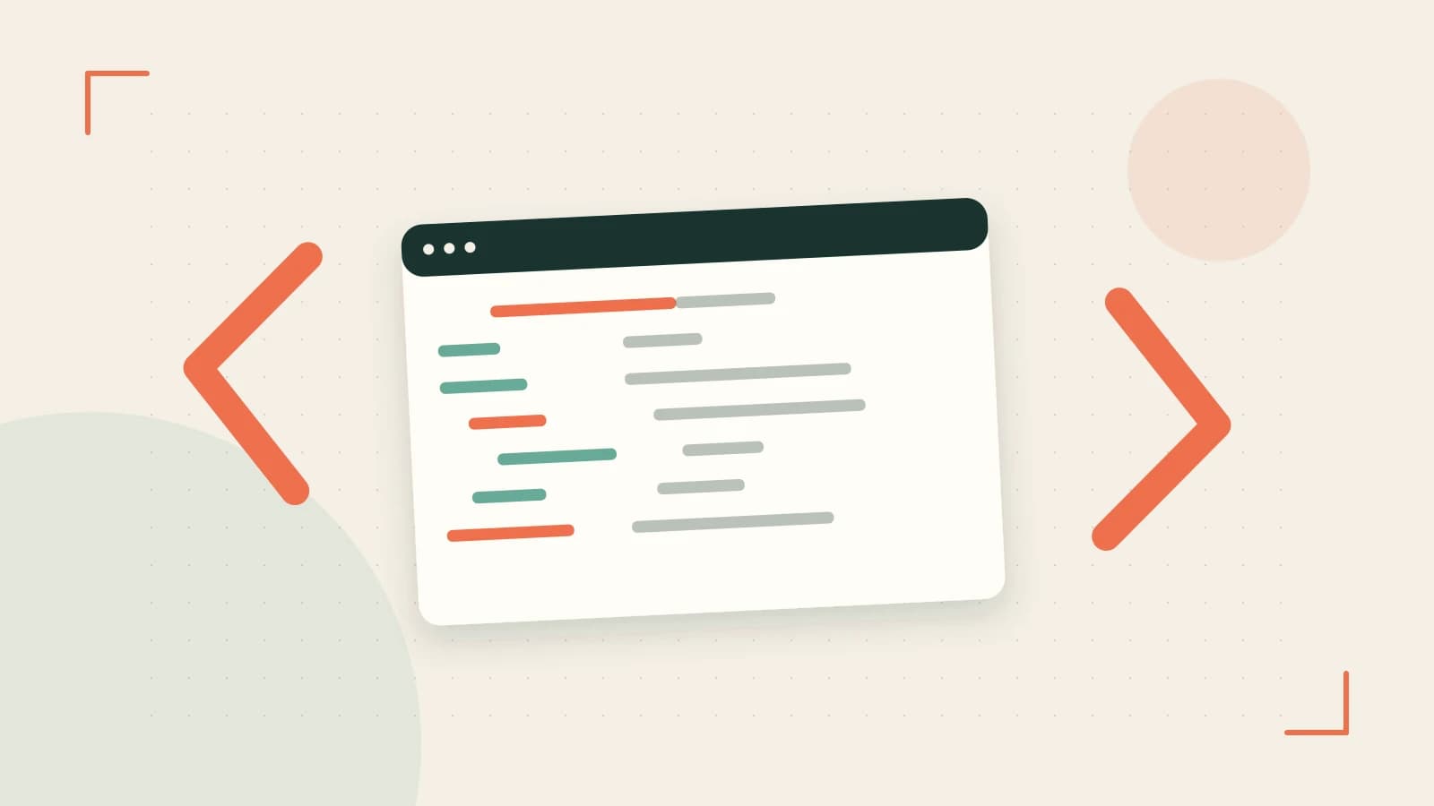 Editorial illustration of an abstract code editor, syntax blocks and oversized programming brackets