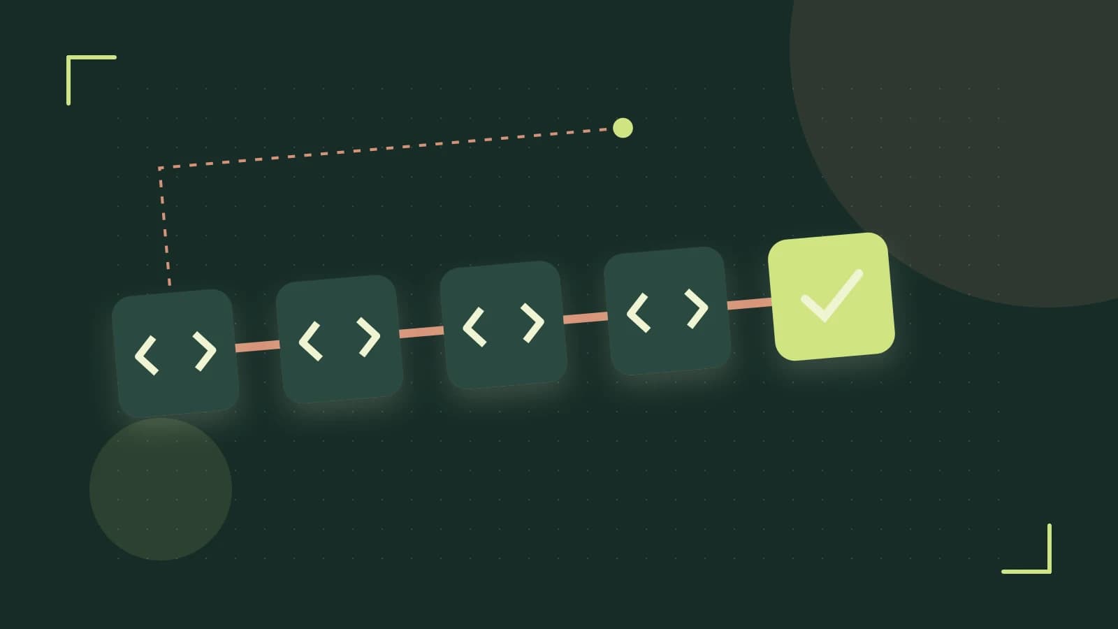 Editorial illustration of a branching build pipeline, staged transformations and a completed check