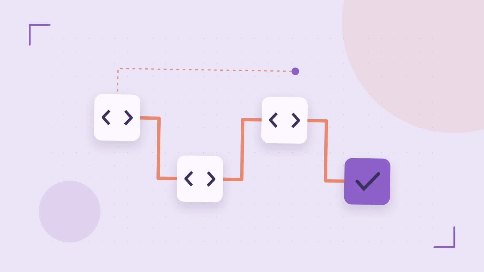 Editorial illustration of a branching build pipeline, staged transformations and a completed check