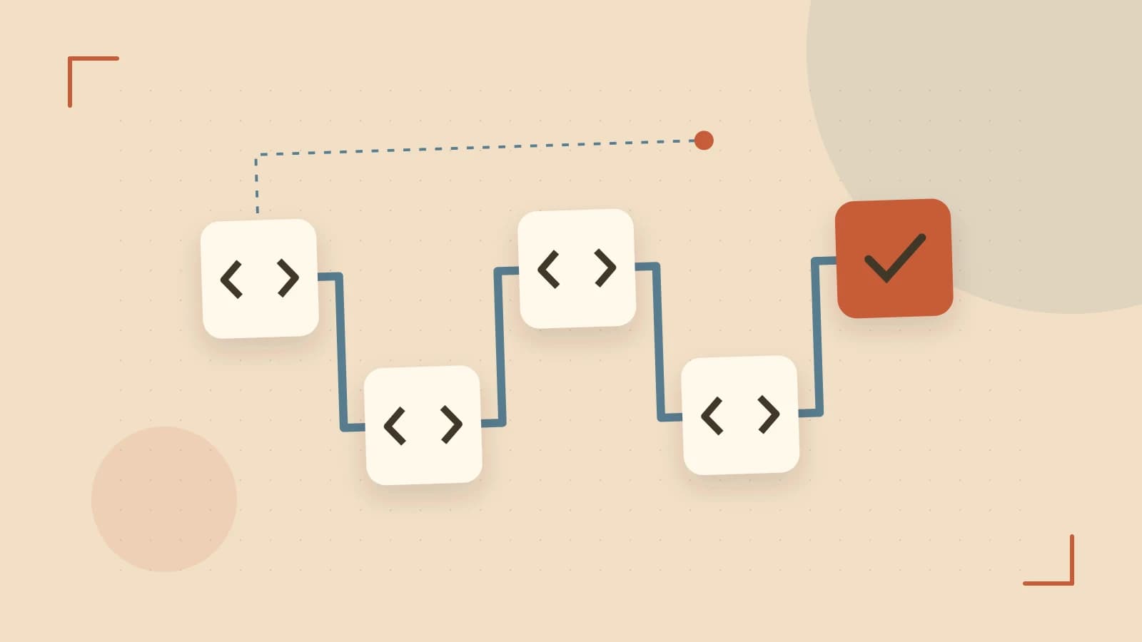 Editorial illustration of a branching build pipeline, staged transformations and a completed check