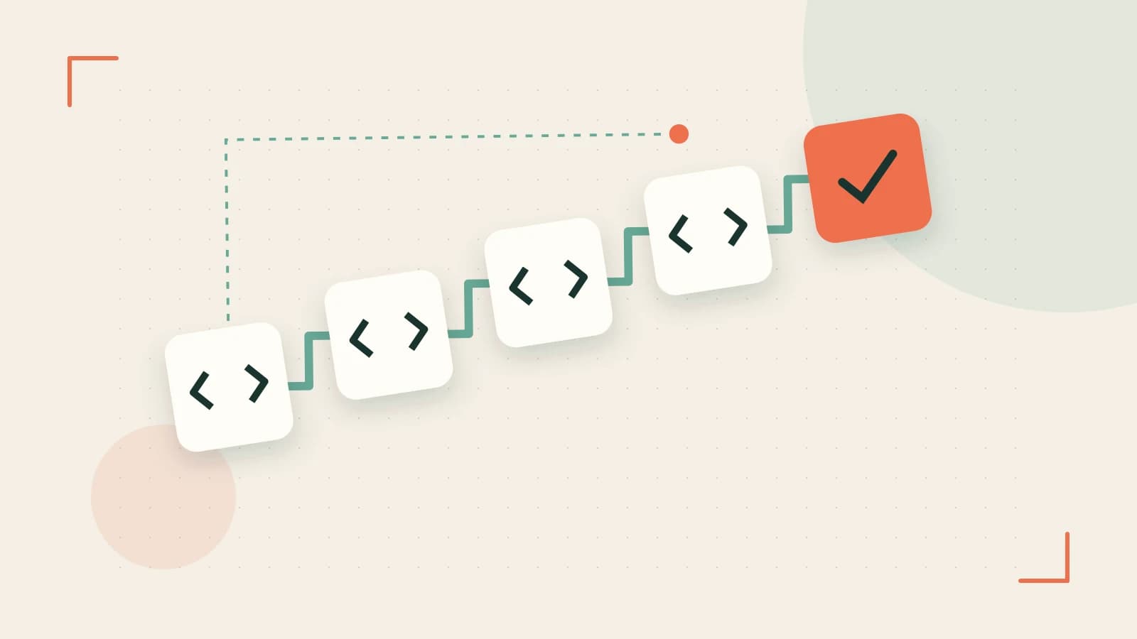 Editorial illustration of a branching build pipeline, staged transformations and a completed check