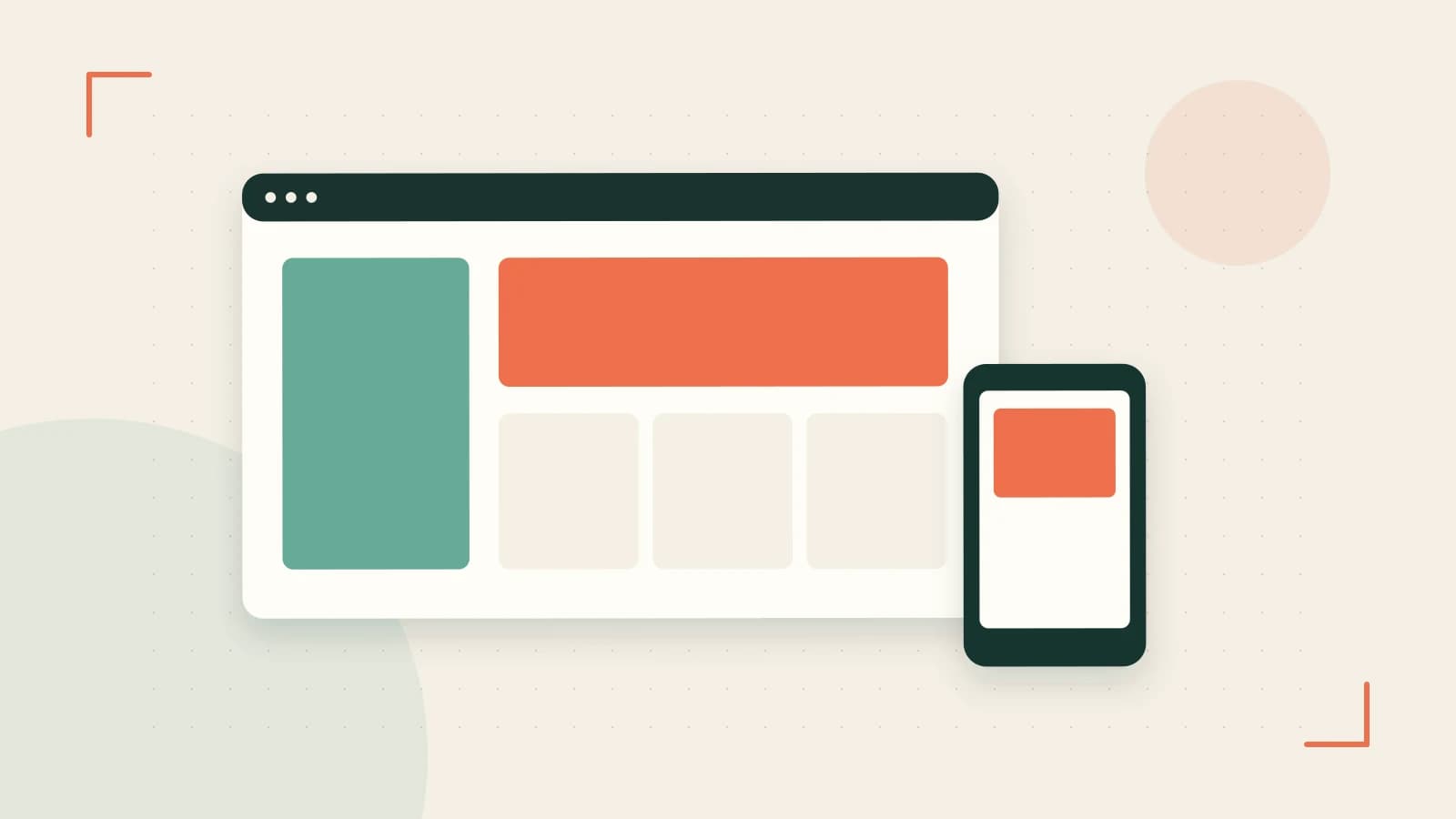 Editorial illustration of responsive browser layouts, overlapping design components and a color system