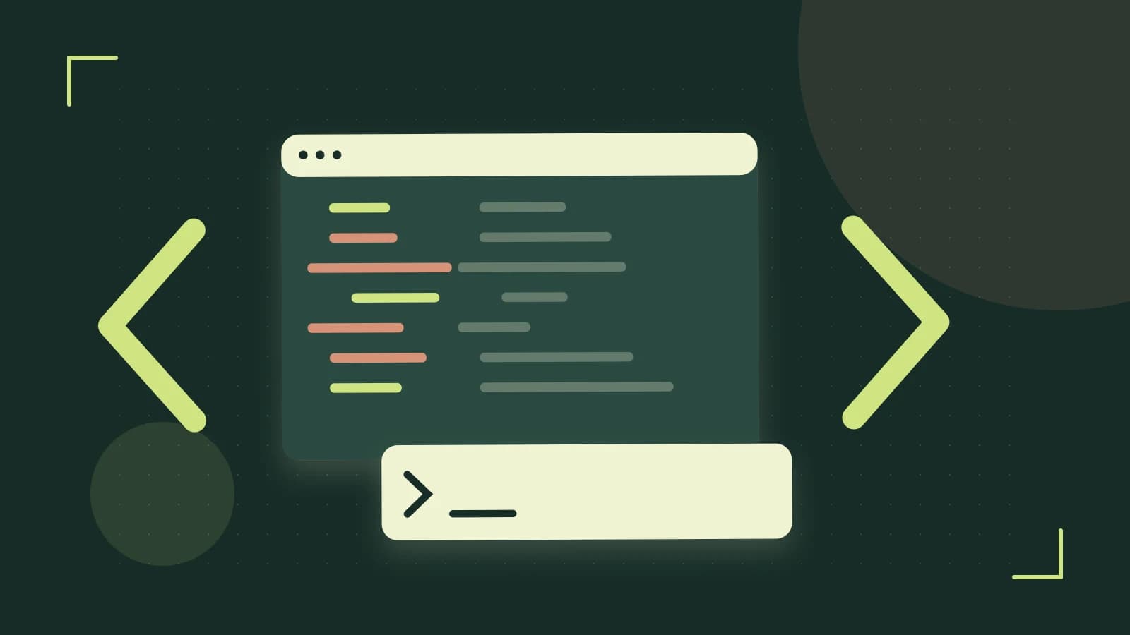 Editorial illustration of an abstract code editor, syntax blocks and oversized programming brackets