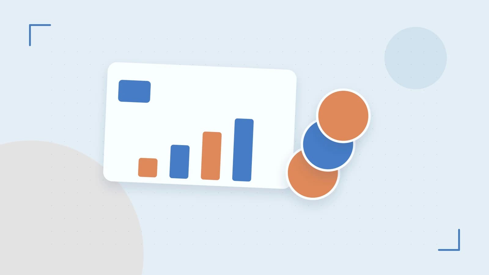 Editorial illustration of abstract coins, a payment card and a geometric financial chart without data labels
