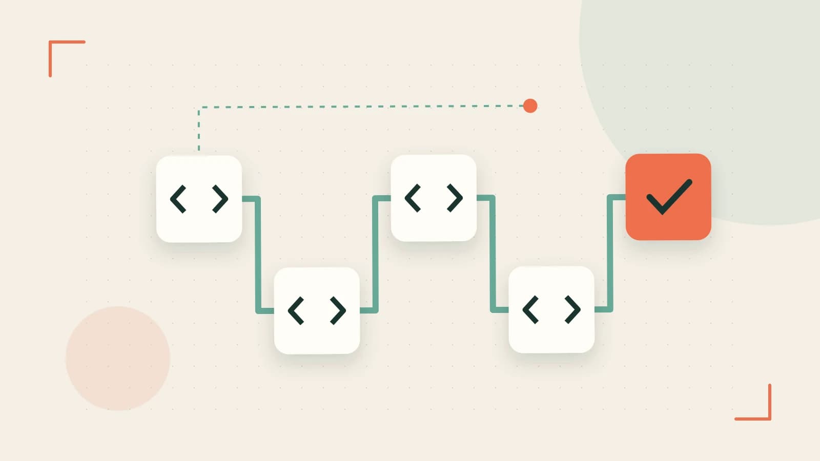 Editorial illustration of a branching build pipeline, staged transformations and a completed check