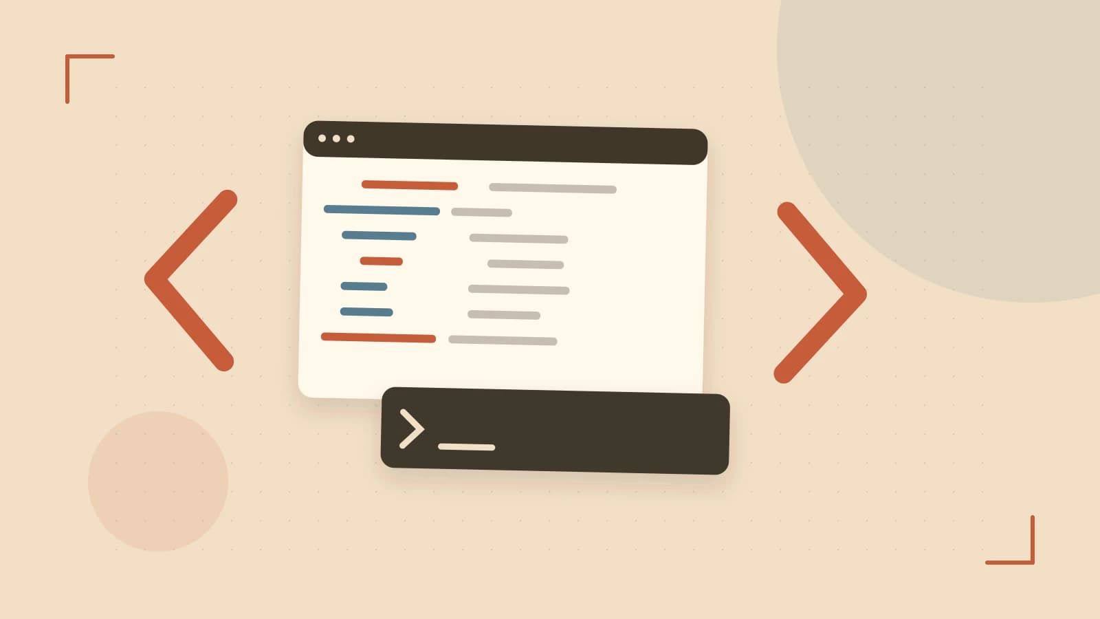 Editorial illustration of an abstract code editor, syntax blocks and oversized programming brackets