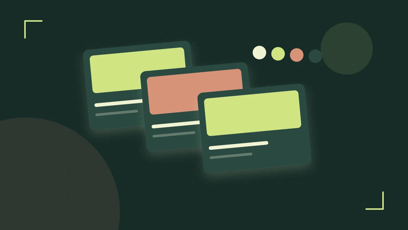 Editorial illustration of responsive browser layouts, overlapping design components and a color system
