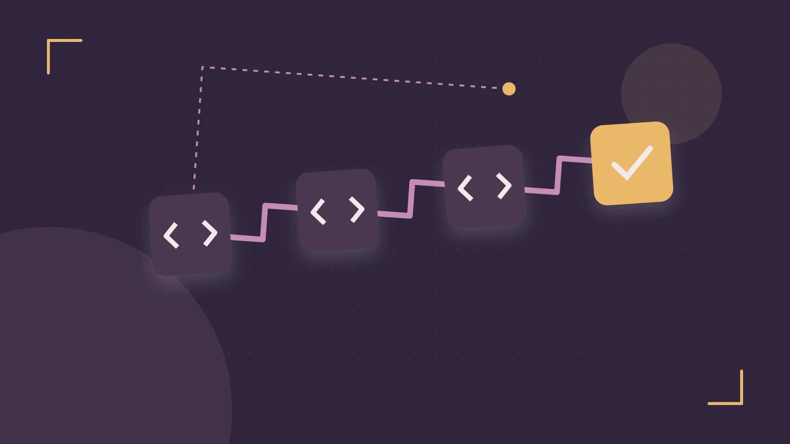 Editorial illustration of a branching build pipeline, staged transformations and a completed check