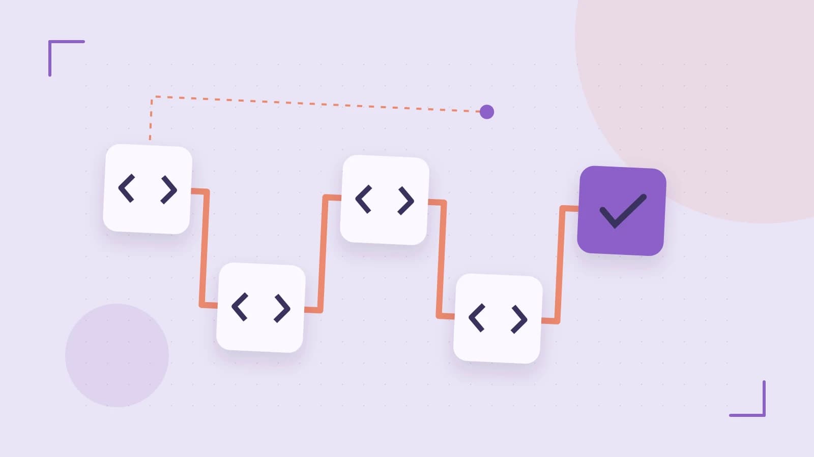Editorial illustration of a branching build pipeline, staged transformations and a completed check
