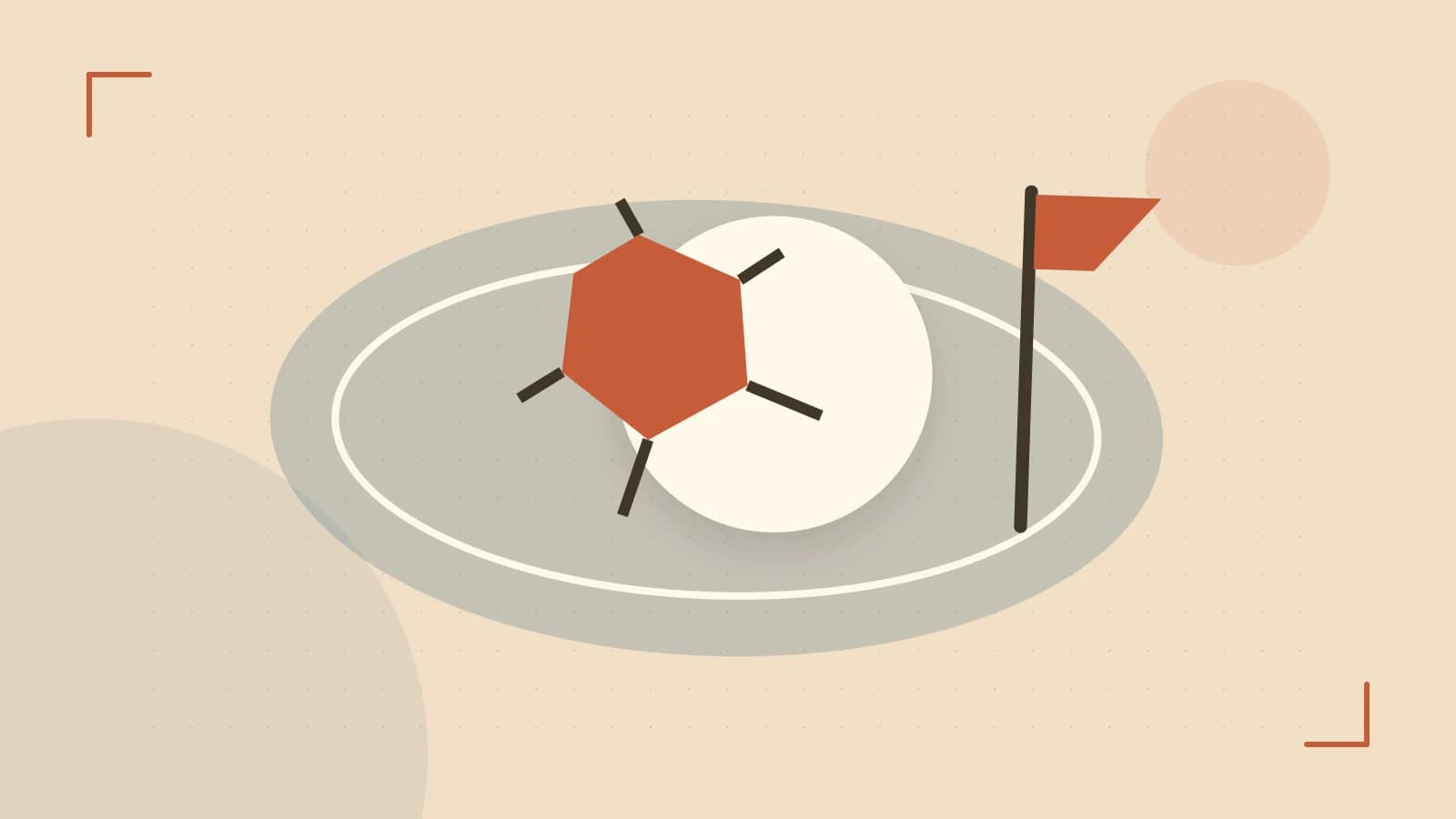 Editorial illustration of a stylized sports ball, stadium geometry and dynamic arcs