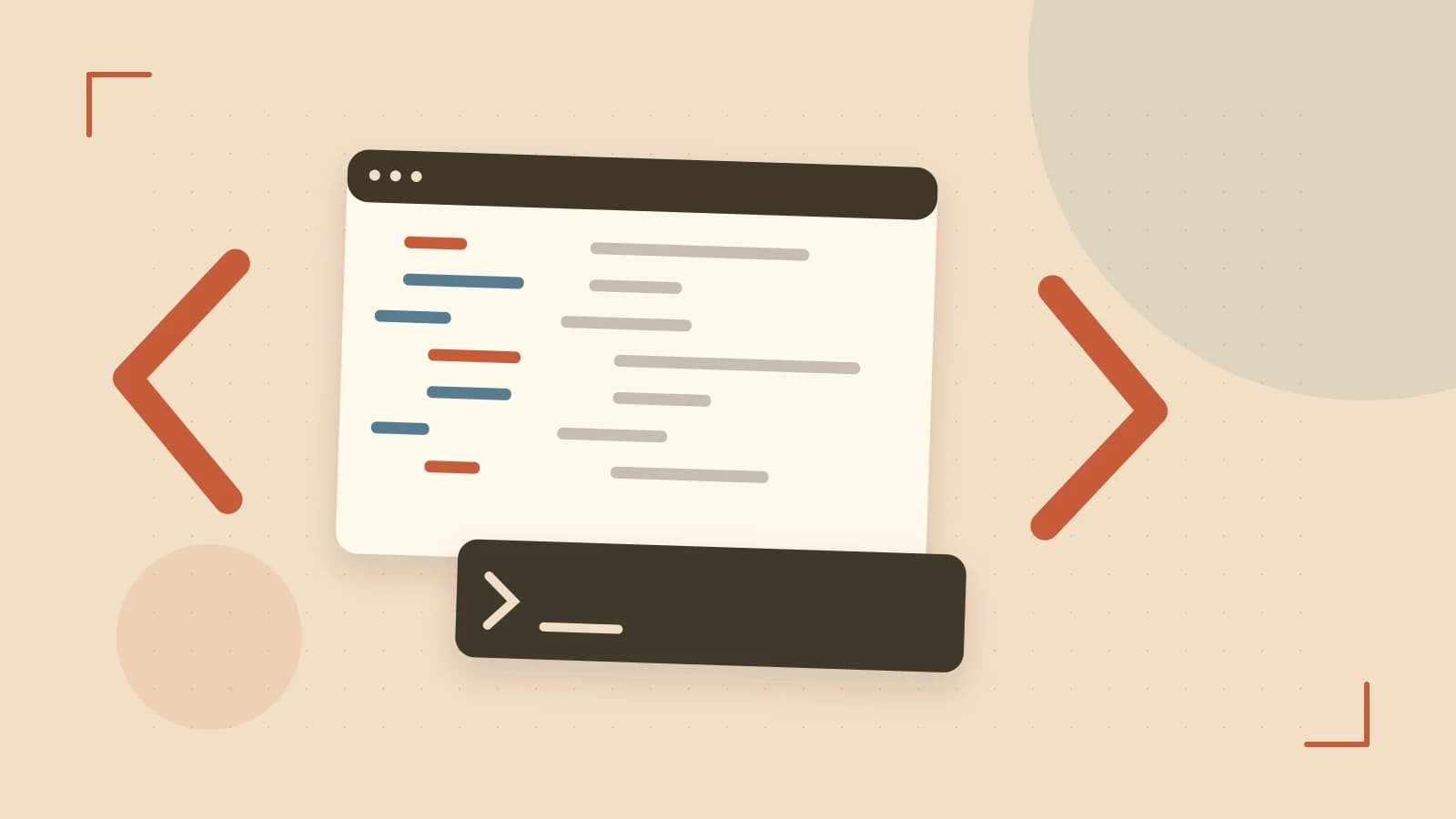 Editorial illustration of an abstract code editor, syntax blocks and oversized programming brackets