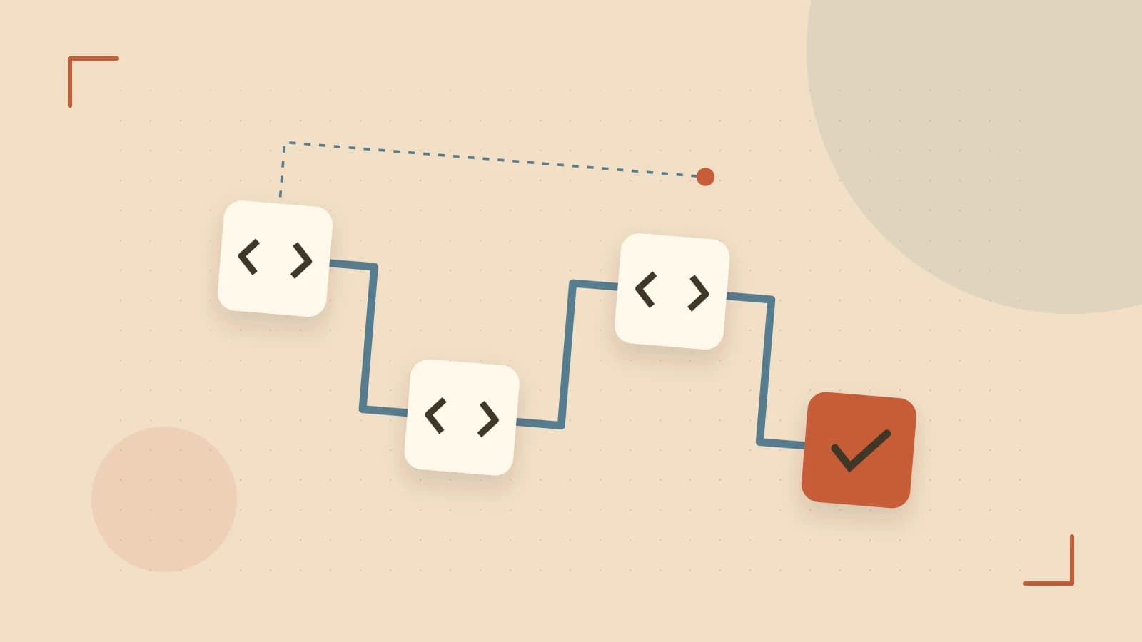 Editorial illustration of a branching build pipeline, staged transformations and a completed check