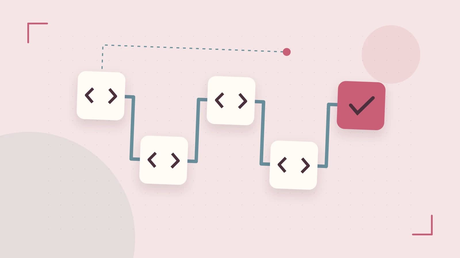 Editorial illustration of a branching build pipeline, staged transformations and a completed check