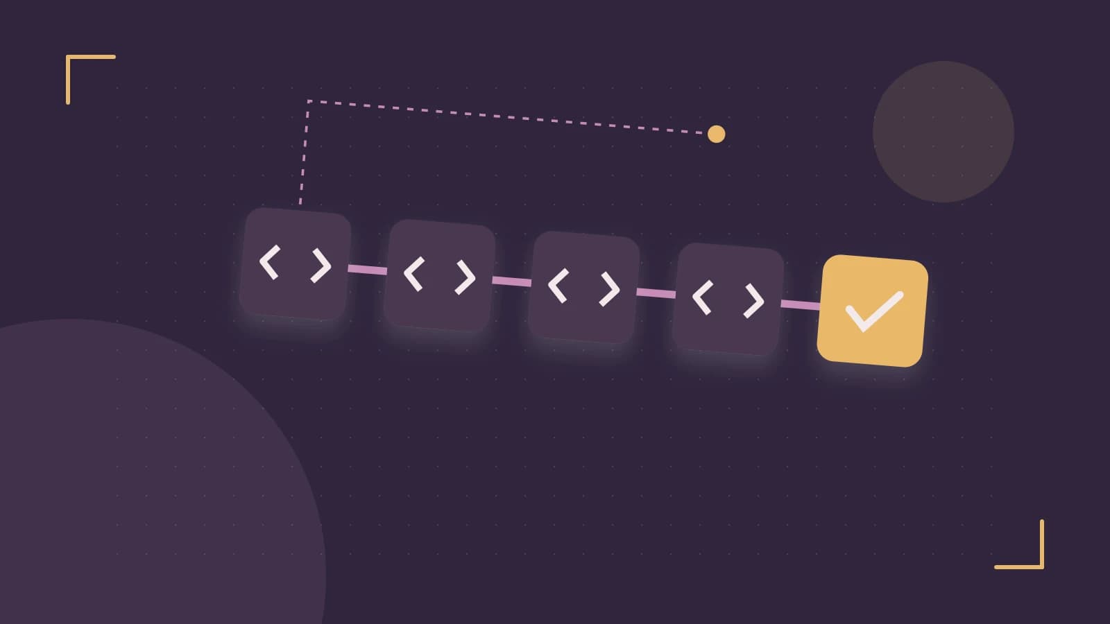 Editorial illustration of a branching build pipeline, staged transformations and a completed check