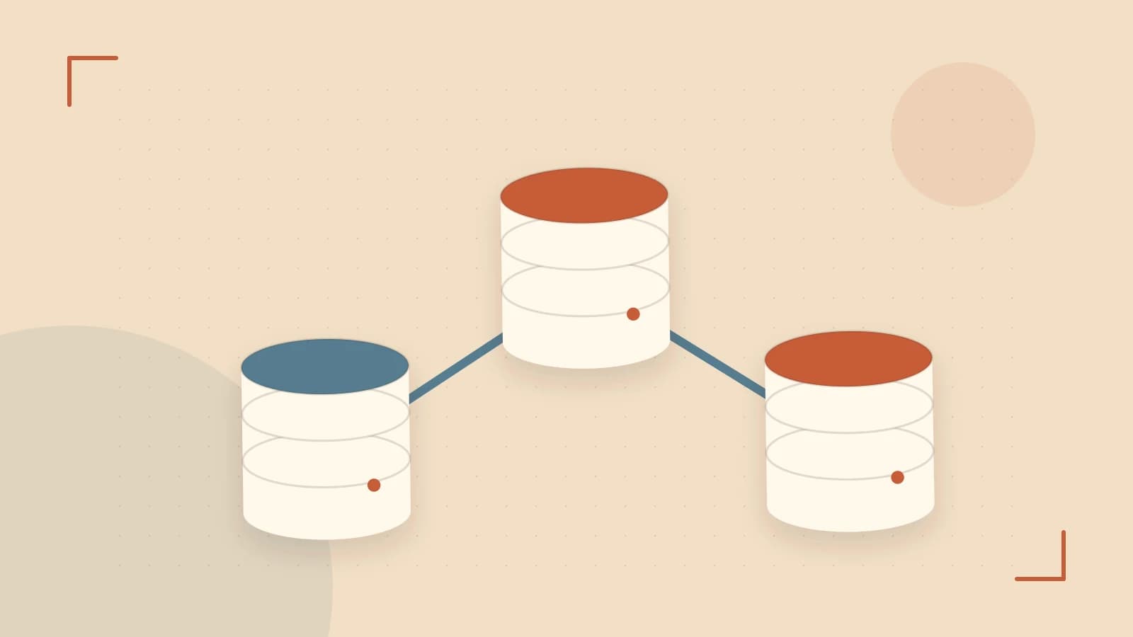 Editorial illustration of structured records, database cylinders and relationships between tables