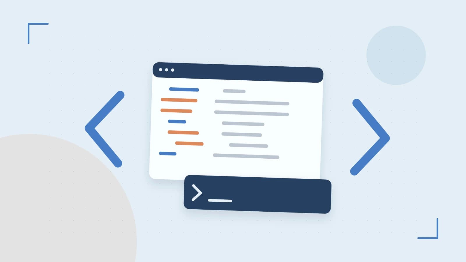 Editorial illustration of an abstract code editor, syntax blocks and oversized programming brackets