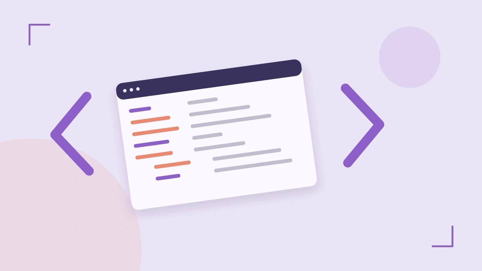 Editorial illustration of an abstract code editor, syntax blocks and oversized programming brackets