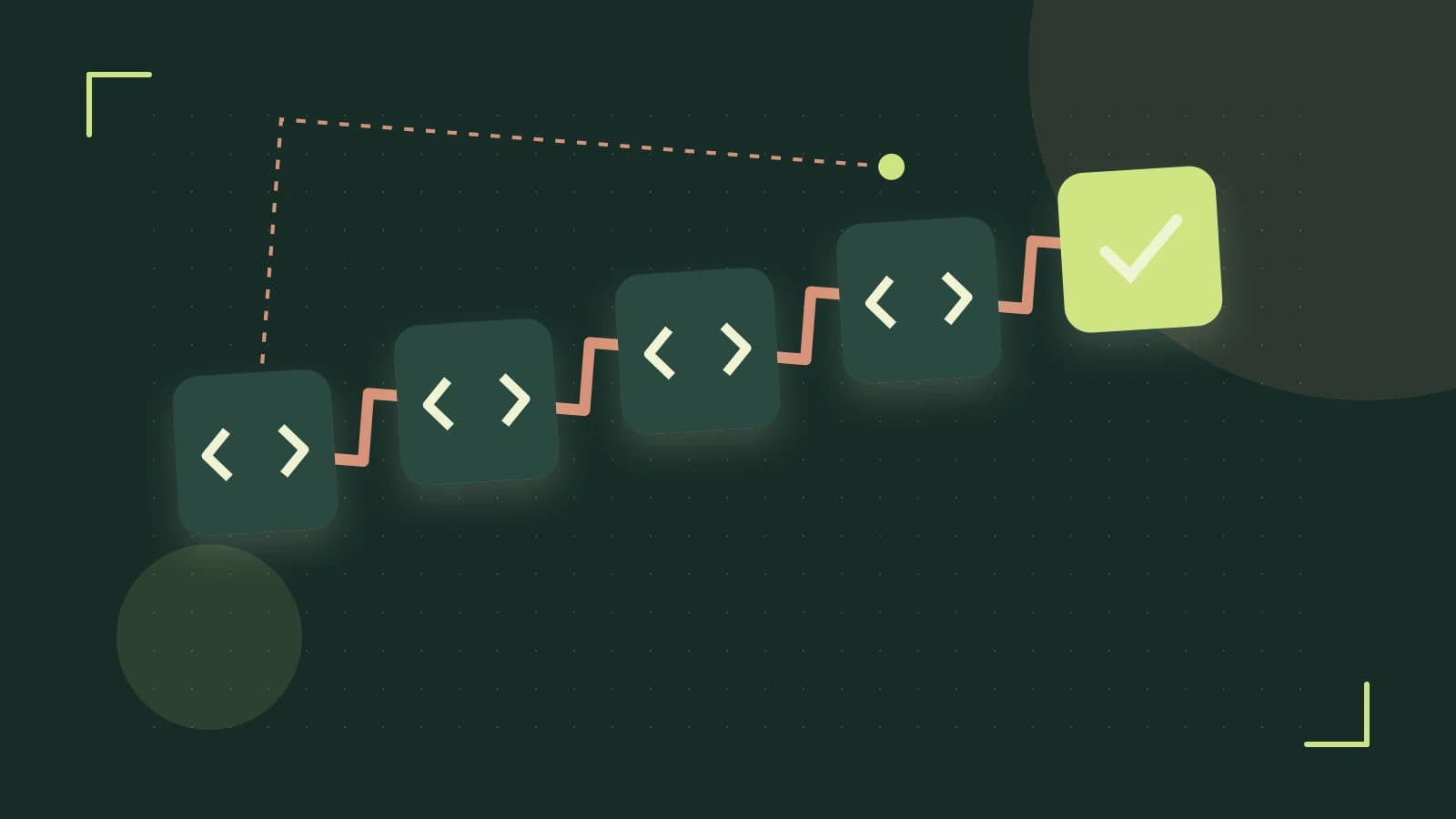 Editorial illustration of a branching build pipeline, staged transformations and a completed check