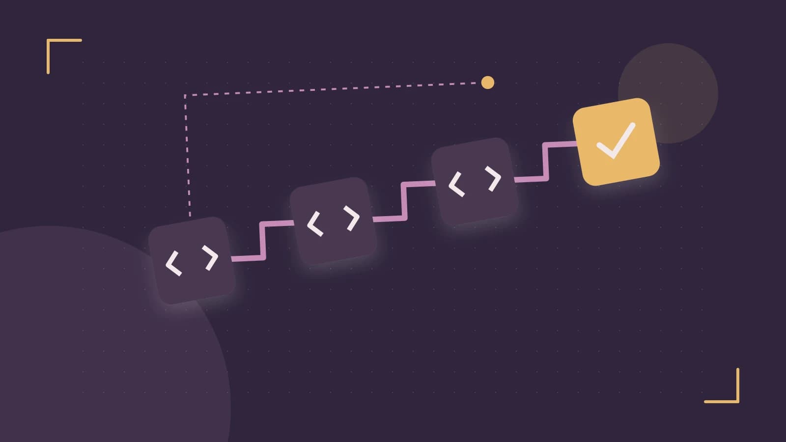 Editorial illustration of a branching build pipeline, staged transformations and a completed check