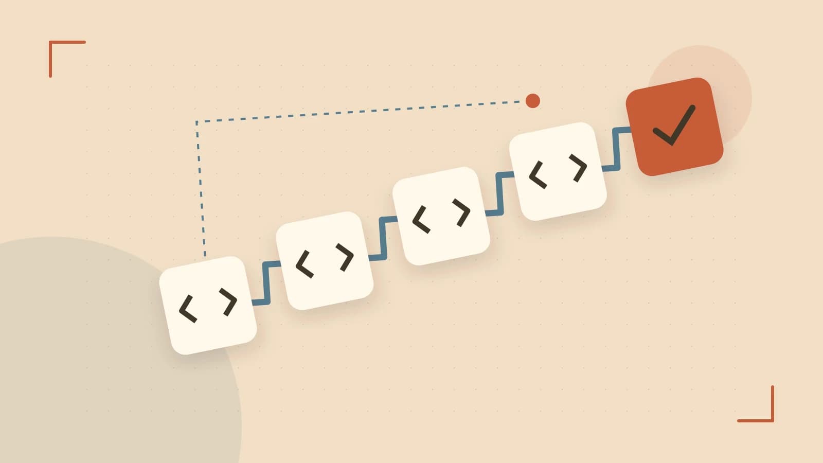 Editorial illustration of a branching build pipeline, staged transformations and a completed check