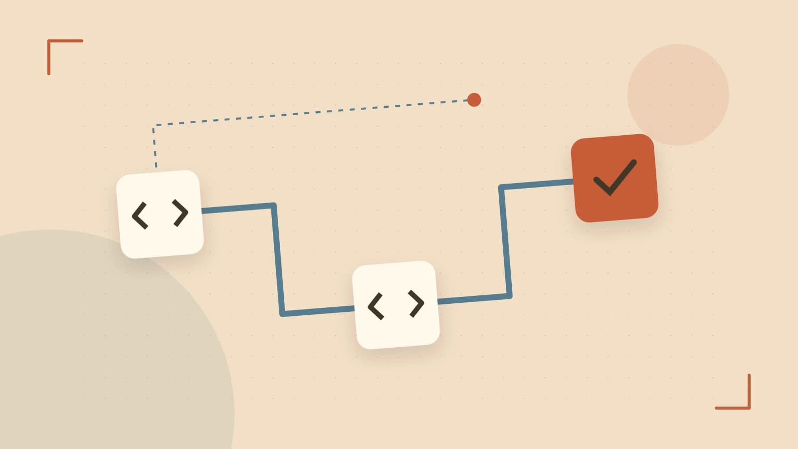 Editorial illustration of a branching build pipeline, staged transformations and a completed check