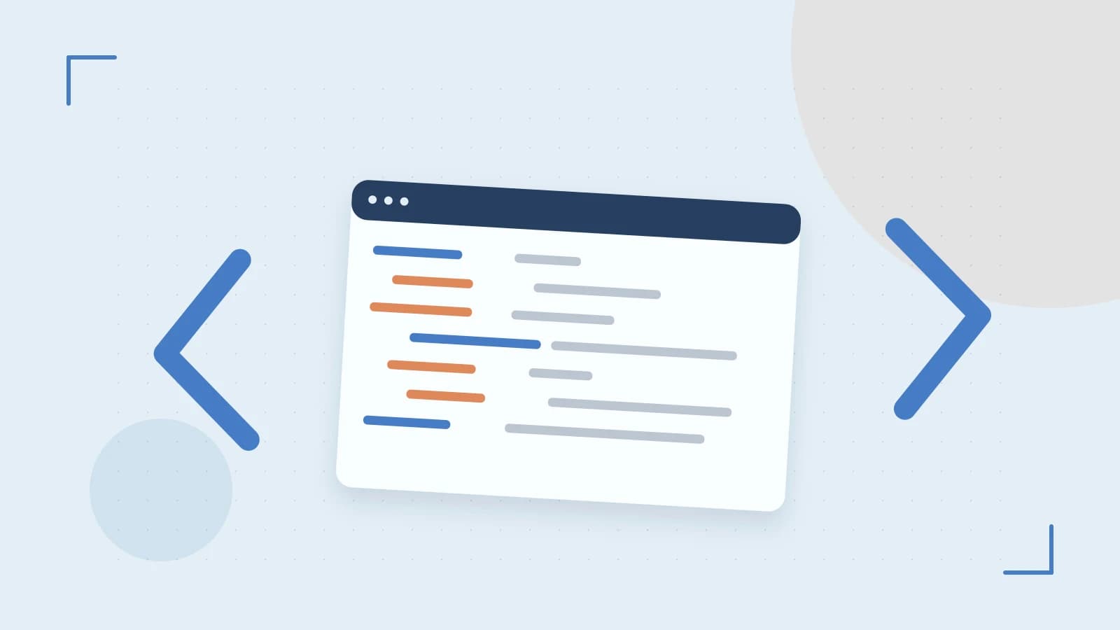 Editorial illustration of an abstract code editor, syntax blocks and oversized programming brackets