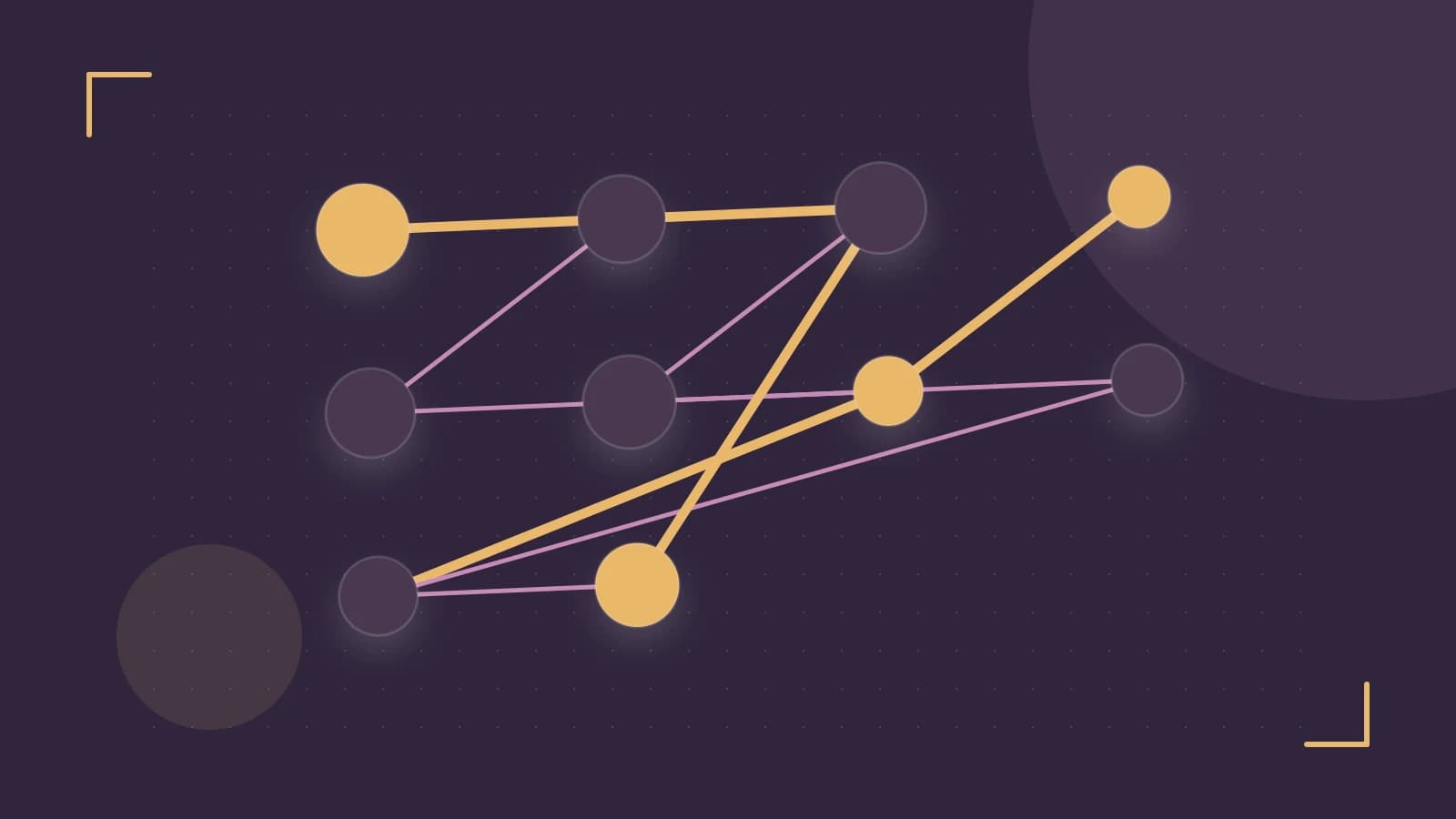 Editorial illustration of an algorithmic node graph with branching paths and a highlighted result
