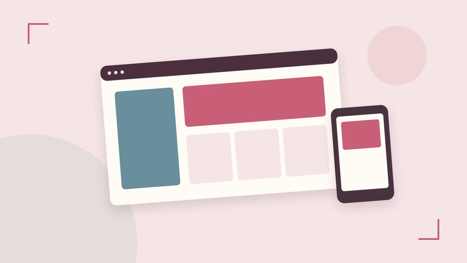 Editorial illustration of responsive browser layouts, overlapping design components and a color system