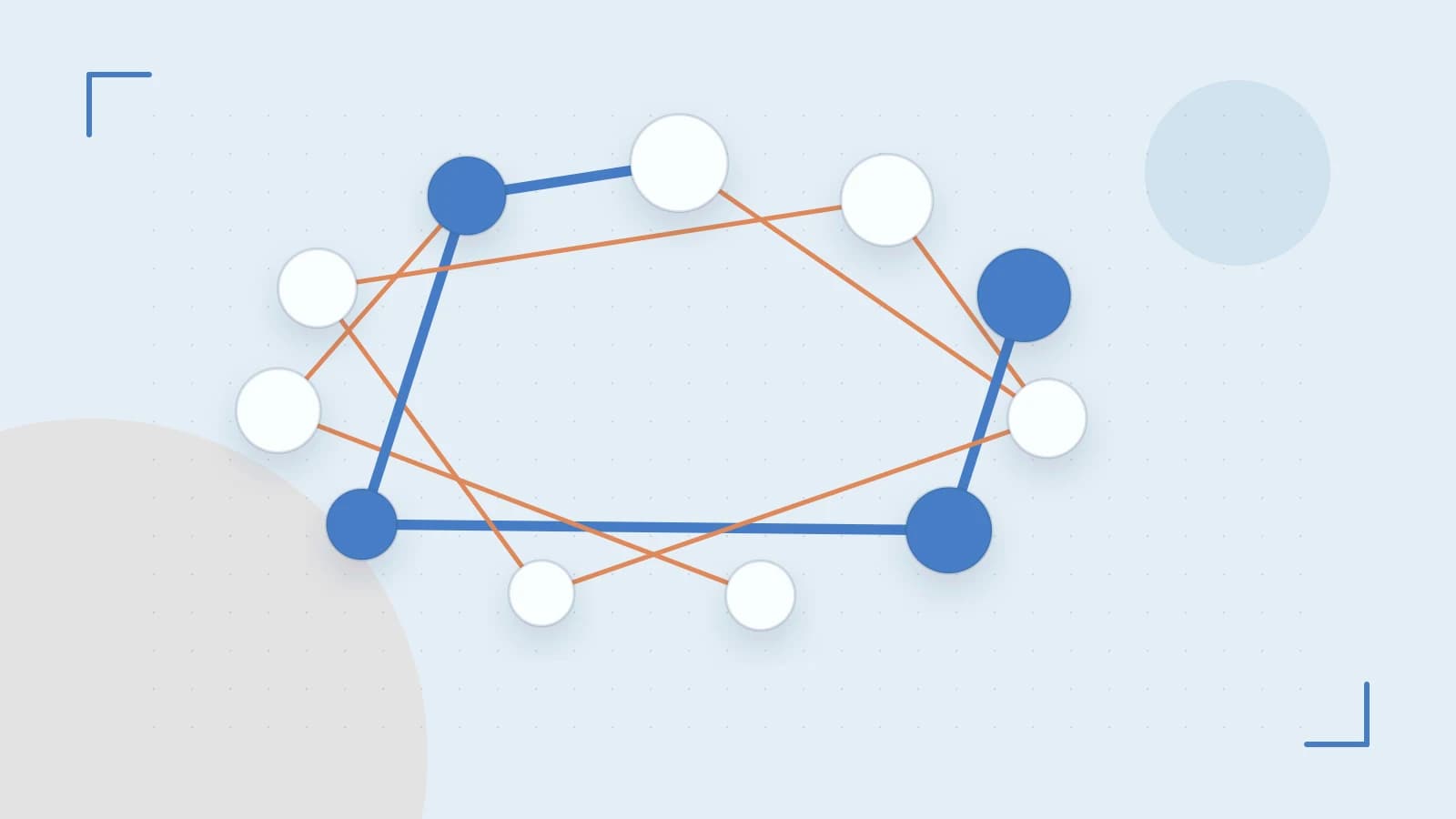 Editorial illustration of an algorithmic node graph with branching paths and a highlighted result