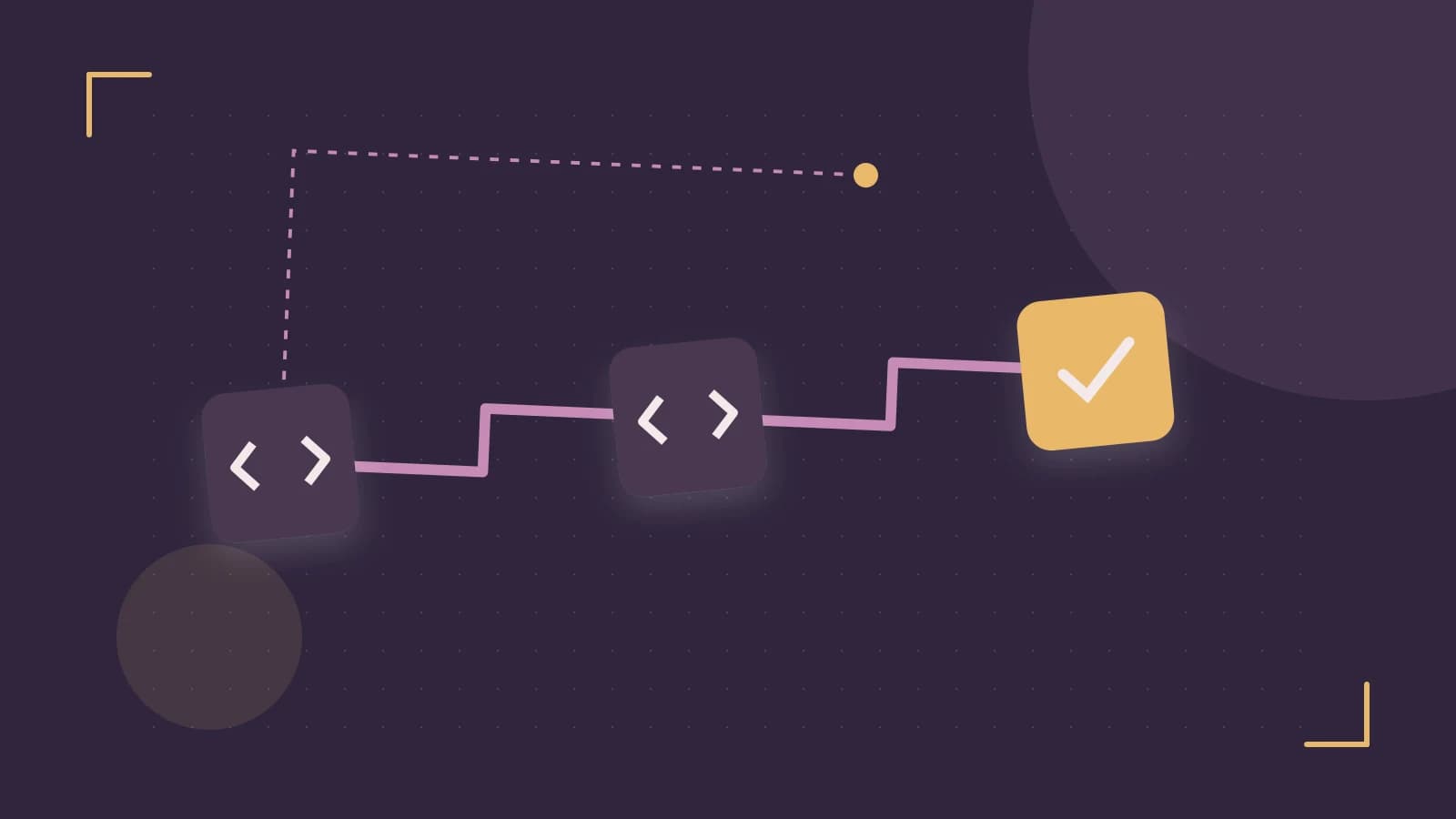 Editorial illustration of a branching build pipeline, staged transformations and a completed check