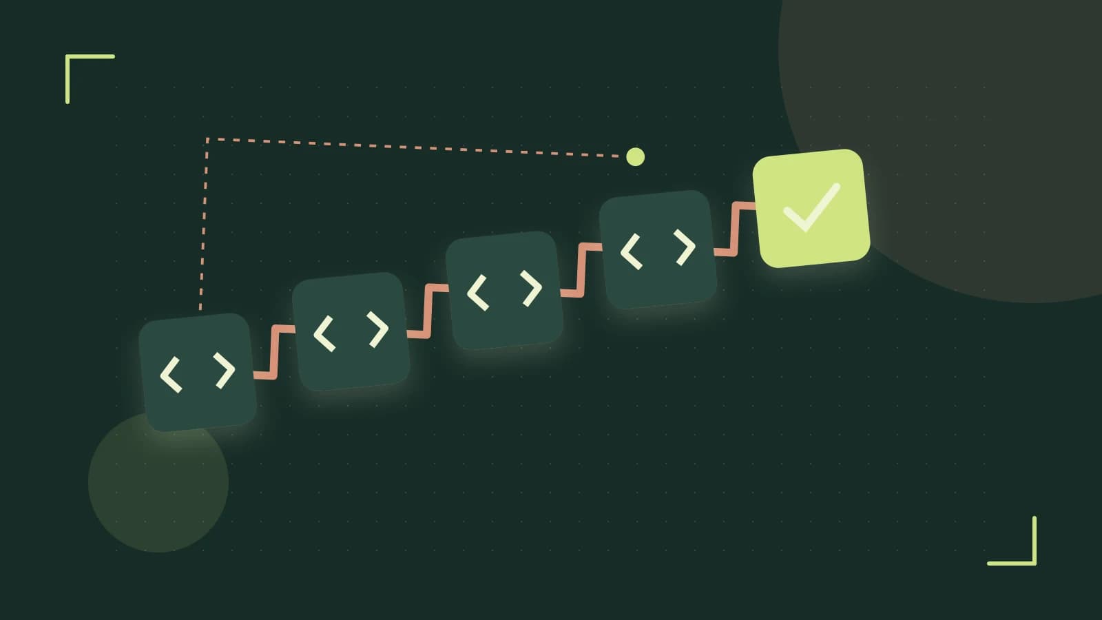 Editorial illustration of a branching build pipeline, staged transformations and a completed check
