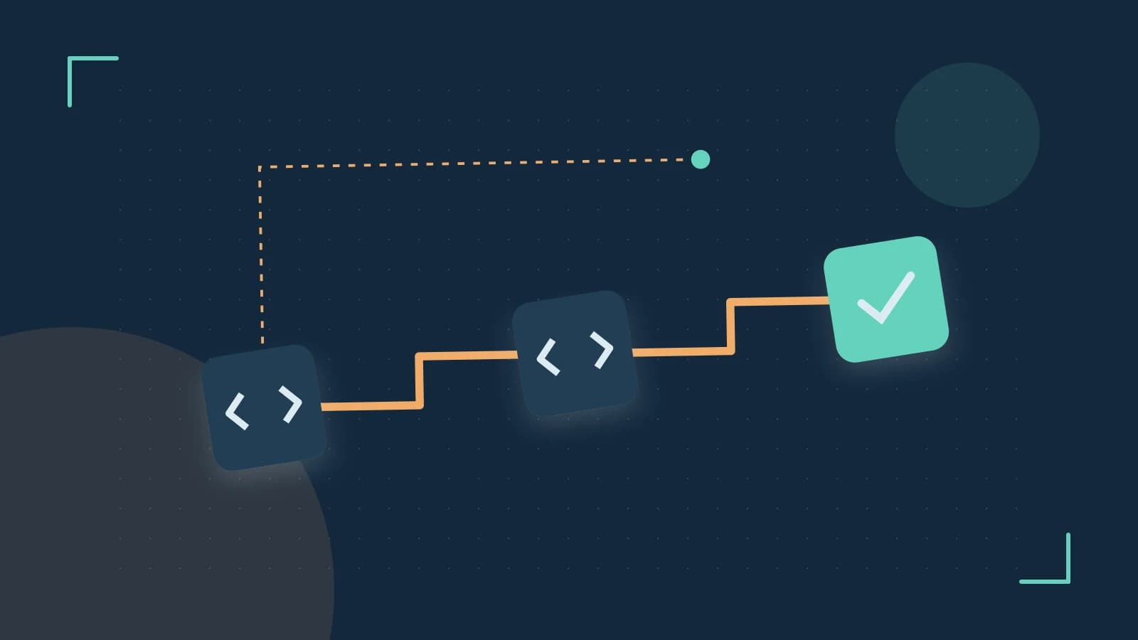 Editorial illustration of a branching build pipeline, staged transformations and a completed check