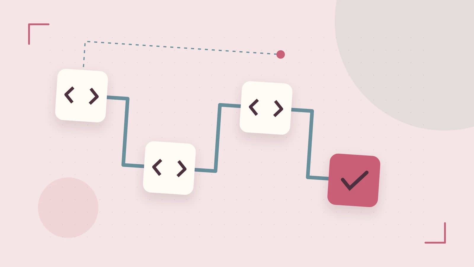 Editorial illustration of a branching build pipeline, staged transformations and a completed check
