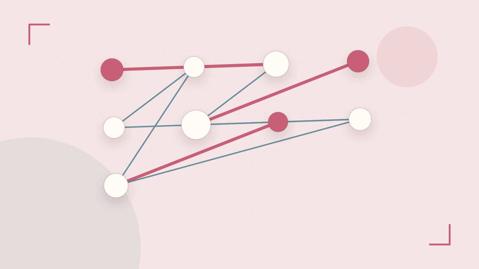 Editorial illustration of an algorithmic node graph with branching paths and a highlighted result
