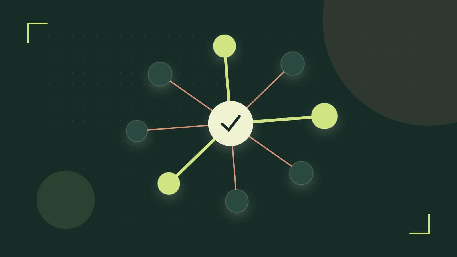 Editorial illustration of an algorithmic node graph with branching paths and a highlighted result