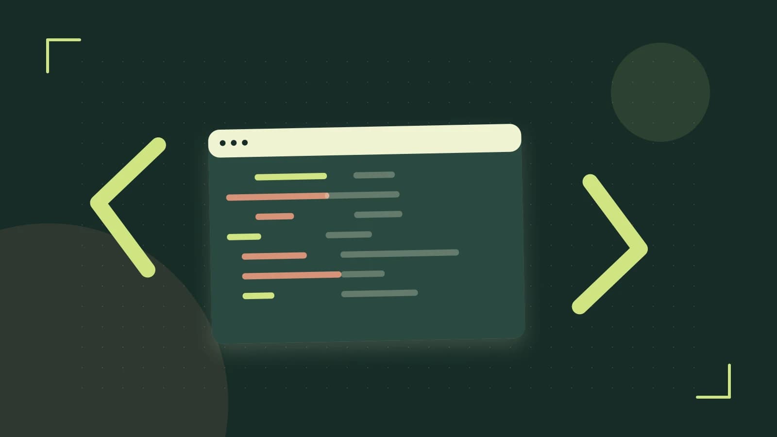 Editorial illustration of an abstract code editor, syntax blocks and oversized programming brackets