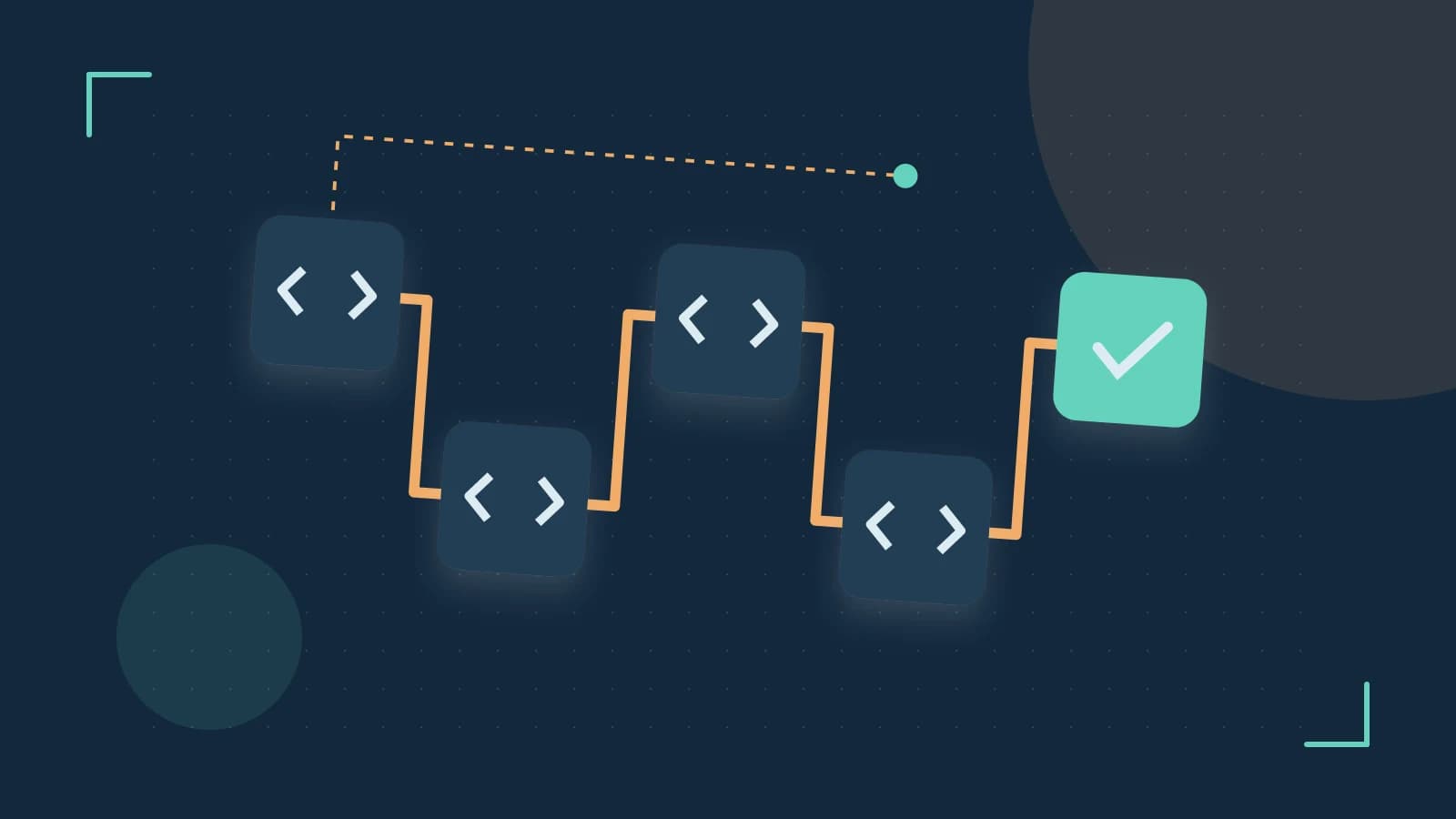 Editorial illustration of a branching build pipeline, staged transformations and a completed check