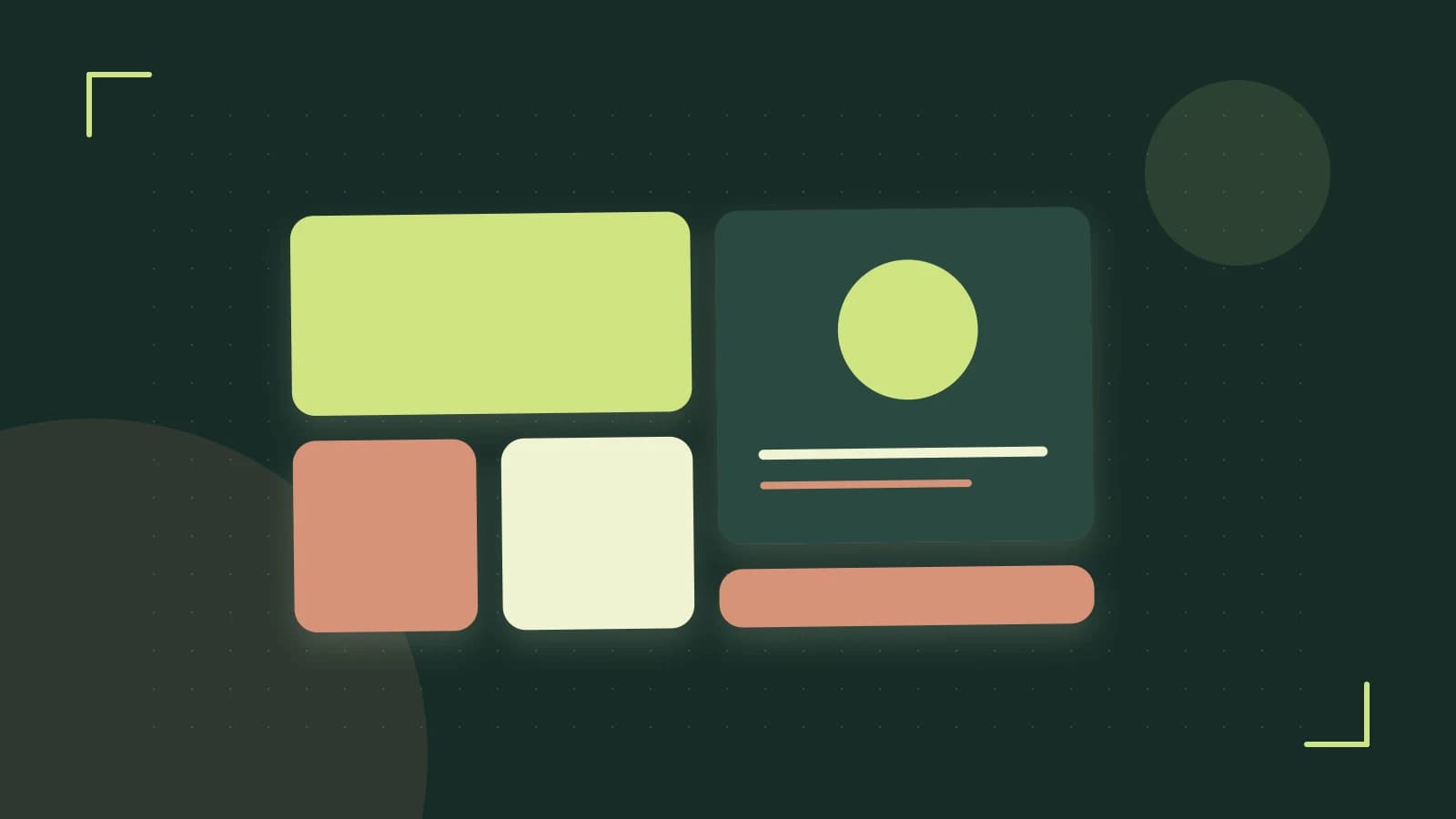 Editorial illustration of responsive browser layouts, overlapping design components and a color system