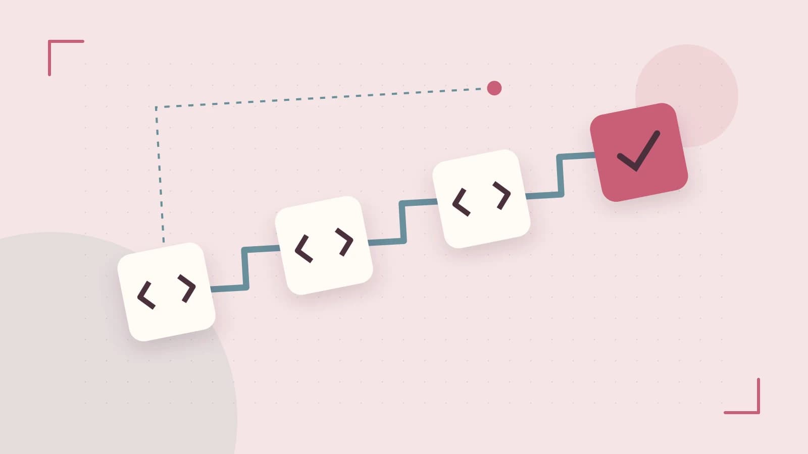 Editorial illustration of a branching build pipeline, staged transformations and a completed check