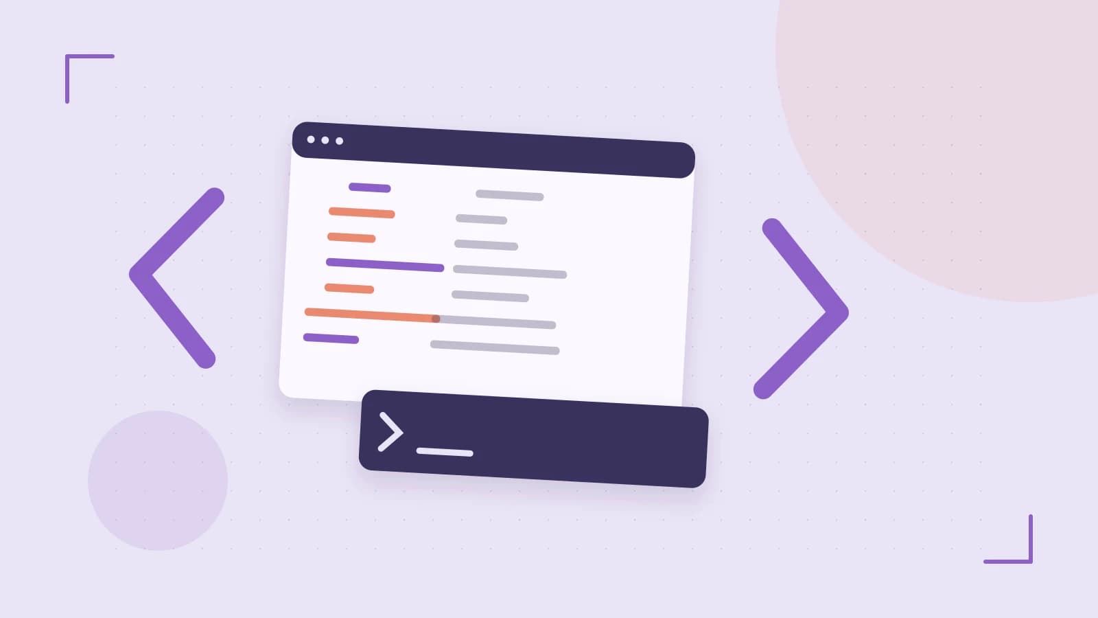 Editorial illustration of an abstract code editor, syntax blocks and oversized programming brackets