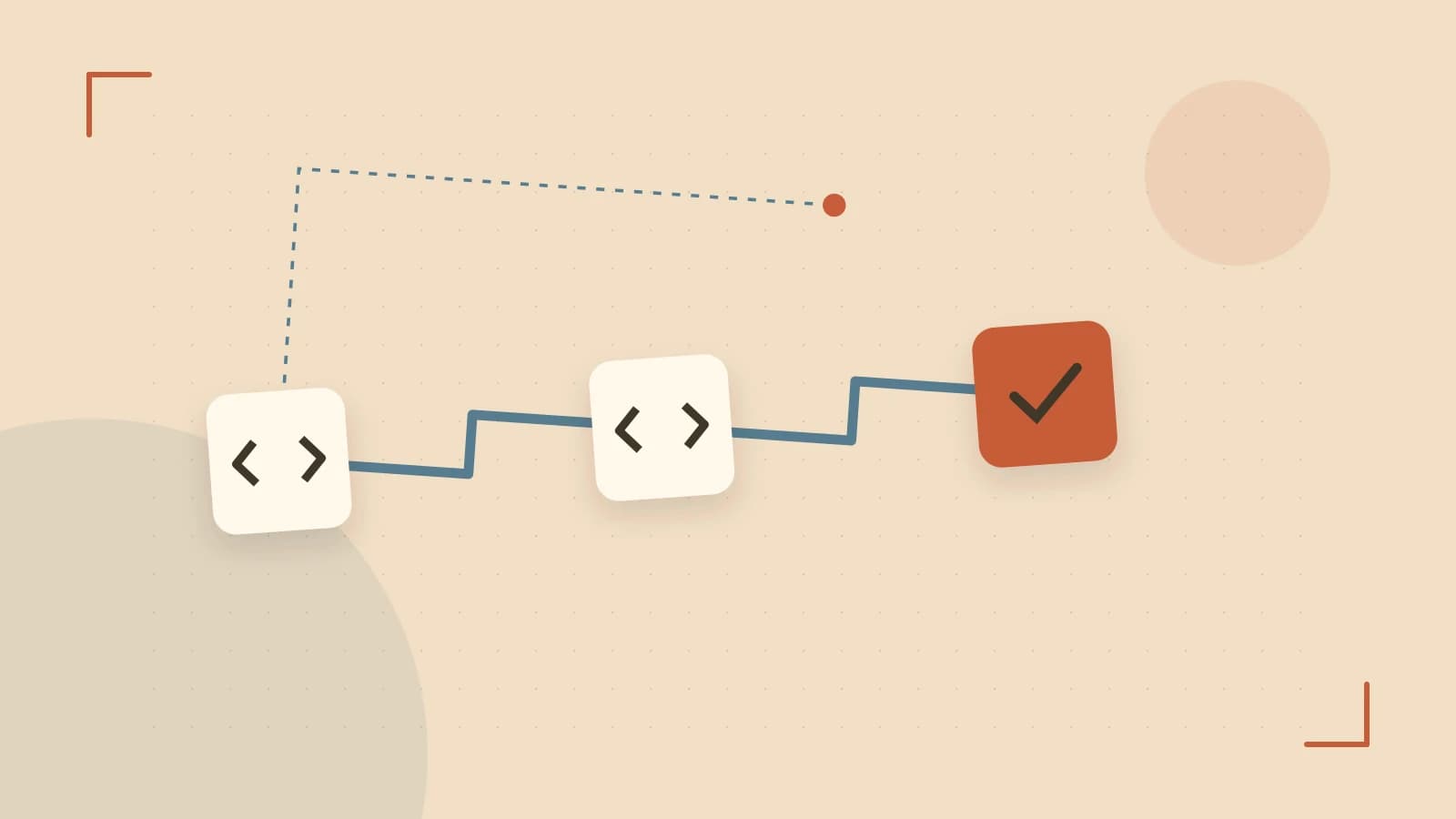 Editorial illustration of a branching build pipeline, staged transformations and a completed check
