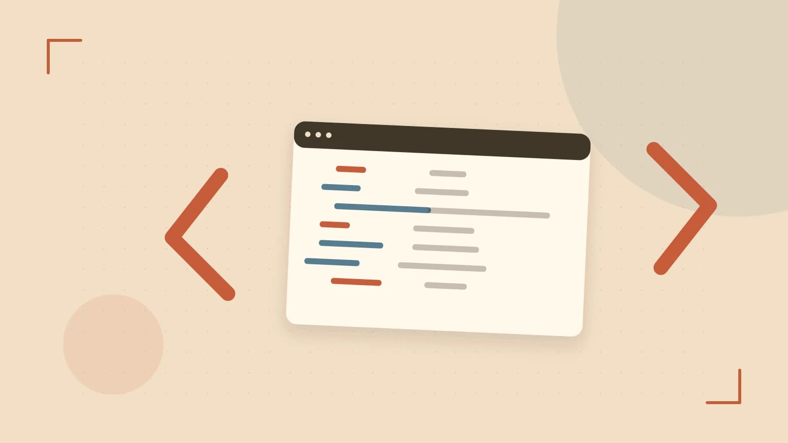 Editorial illustration of an abstract code editor, syntax blocks and oversized programming brackets