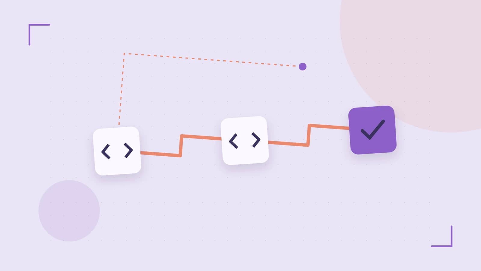Editorial illustration of a branching build pipeline, staged transformations and a completed check