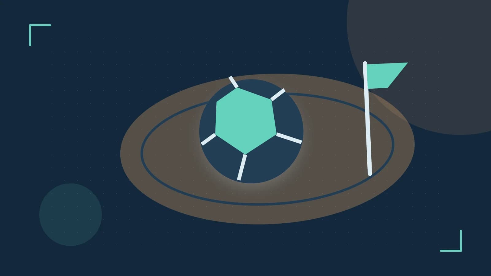 Editorial illustration of a stylized sports ball, stadium geometry and dynamic arcs
