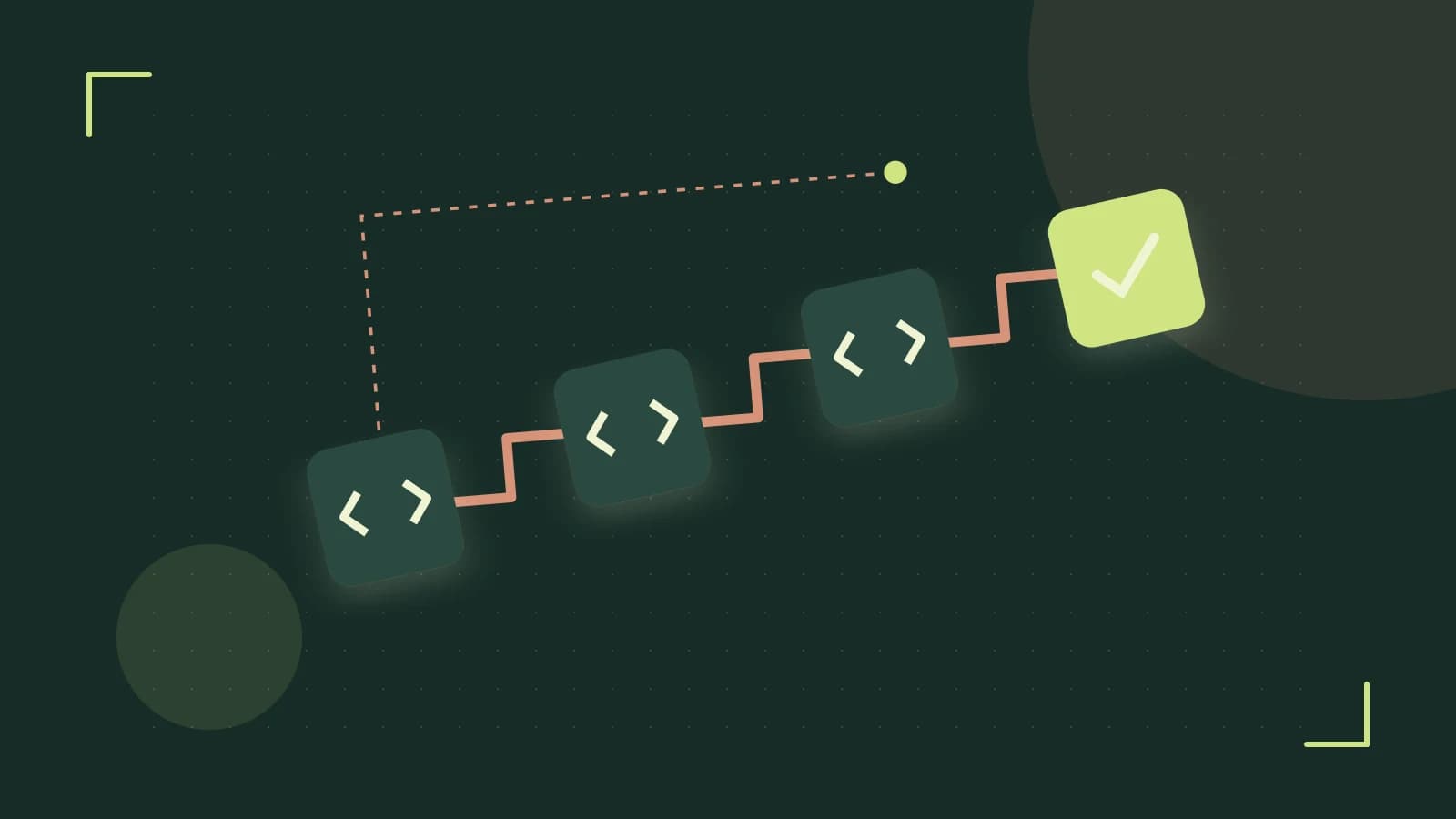 Editorial illustration of a branching build pipeline, staged transformations and a completed check