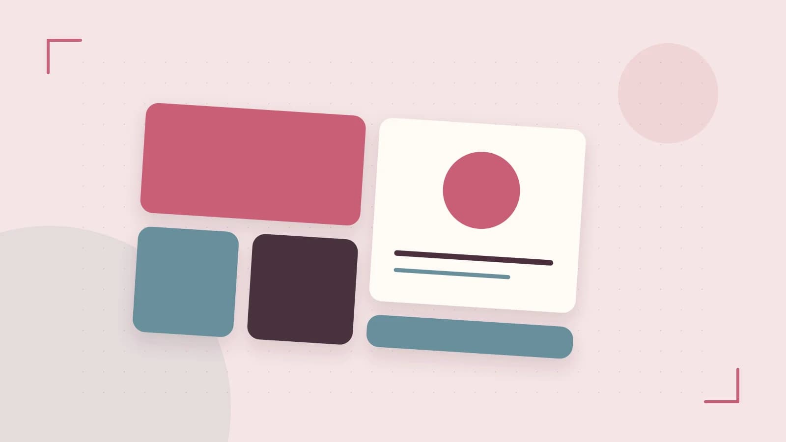Editorial illustration of responsive browser layouts, overlapping design components and a color system