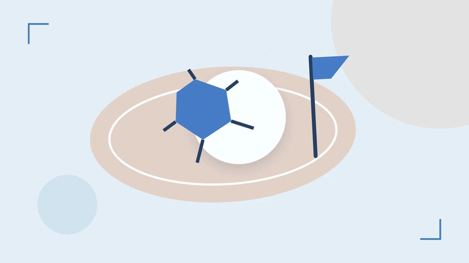 Editorial illustration of a stylized sports ball, stadium geometry and dynamic arcs